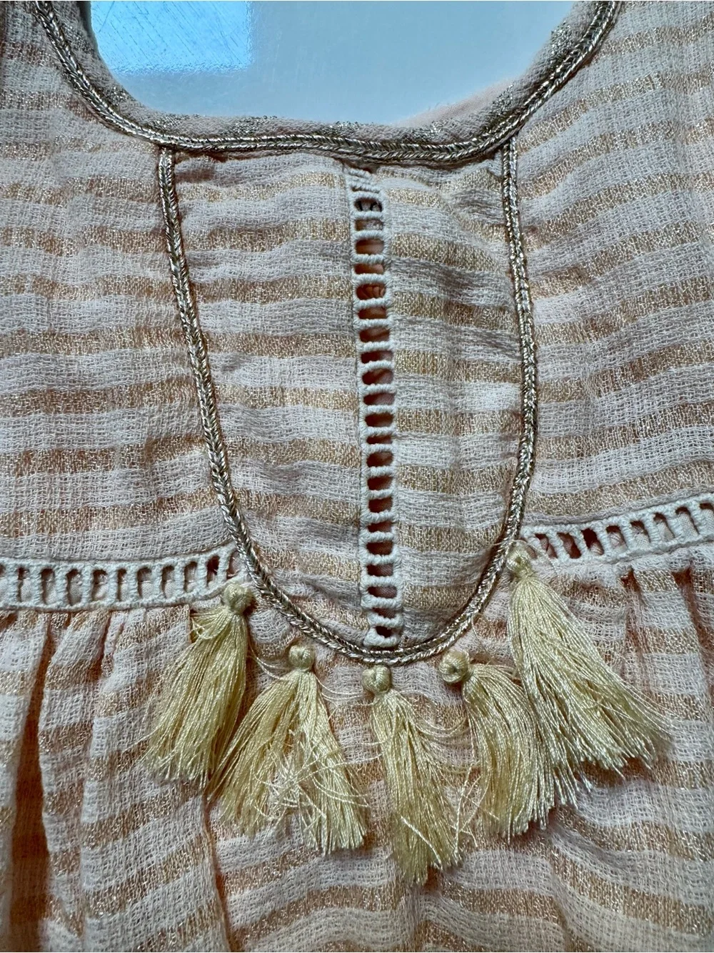 Louise Misha Parisian boho Girls' Peach metallic gold Stripe Ruffled Strap Dress